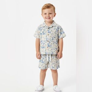 Ben Sherman 2 Piece Set Linen Blend Blue Beige Abstract Leaf  Tropical Boys 4